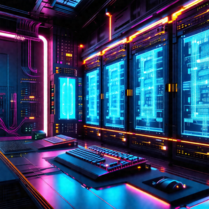 Futuristic computer room with a desk and a keyboard