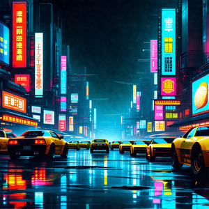 Colorful, futuristic cityscape with a long line of yellow...