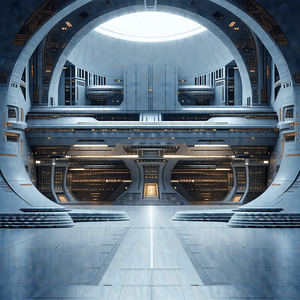 Futuristic space station with a large, open, and empty room