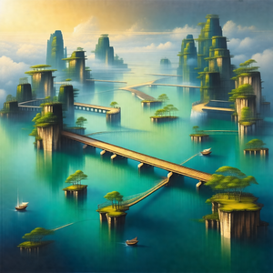 Painting of a city built on a series of islands in a larg...