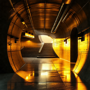 Long, narrow tunnel with a staircase leading upwards
