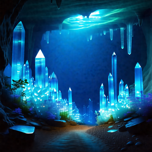 Digital painting of a cave with a blue light illuminating...