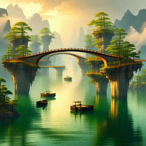 Painting of a bridge over a body of water, with a group o...
