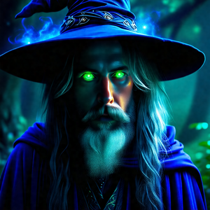 Man with a long beard and a blue wizard's hat, standing i...