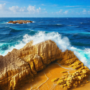 Beautiful beach scene with a large rock jutting out into ...