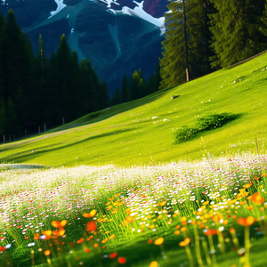 Lush green field with a mountain range in the background