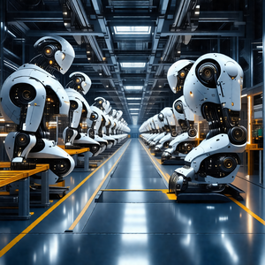 Factory with a large number of white robots lined up in a...