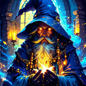Wizard with a long beard and a blue hat, standing in fron...