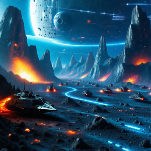 Futuristic scene with a large spacecraft flying through a...