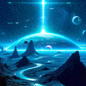 Futuristic space scene featuring a large, blue, glowing s...