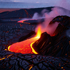 Volcanic landscape with a large, red-orange lava flow