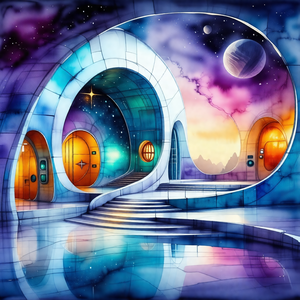 Colorful painting of a house with a spiral staircase lead...