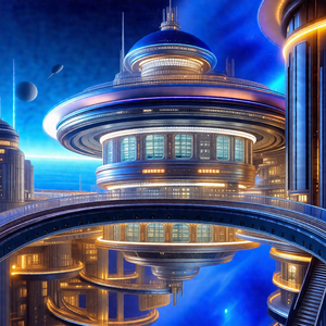 Futuristic cityscape with a large, blue, and white buildi...