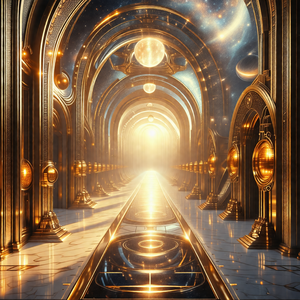 Long, narrow hallway with a golden glow