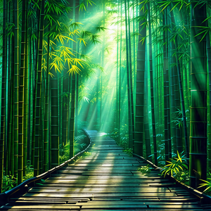 Wooden pathway surrounded by lush green bamboo trees