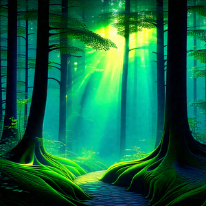 Lush green forest with a pathway leading through the trees