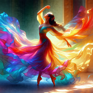 Woman in a colorful dress, dancing in a room