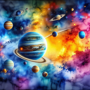 Colorful painting of the solar system, featuring a variet...
