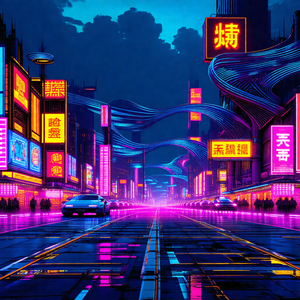 Futuristic cityscape with a pink and purple color scheme