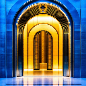 Large, ornate doorway with a gold and blue color scheme
