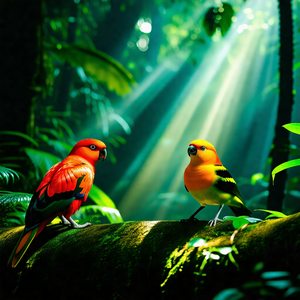 Two colorful birds perched on a tree branch in a lush gre...