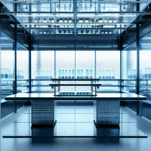 Large, clean laboratory with a blue-tinted glass wall