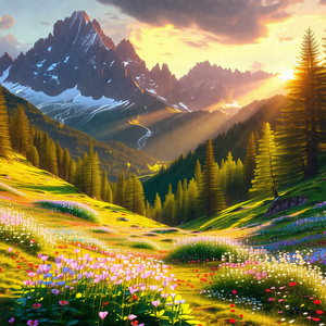 Beautiful mountain landscape with a lush green field and ...