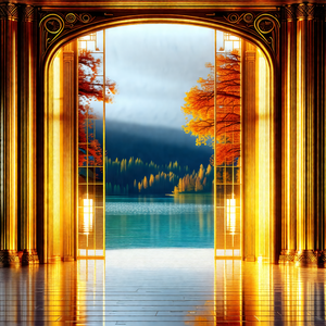 Grand entrance to a palace, with a large golden doorway