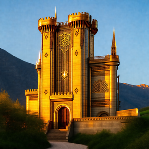 Large, ornate castle with a golden facade