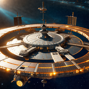 Large, futuristic space station with a circular design