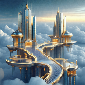 Futuristic city with a series of tall, shiny buildings