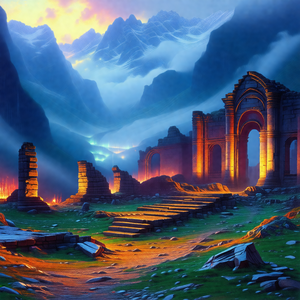 Painting of a mountainous landscape with a castle ruin in...