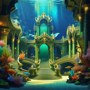 Beautifully drawn underwater scene featuring a palace wit...