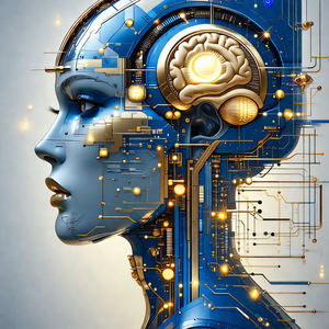 Close-up of a human head, with a blue and gold color scheme