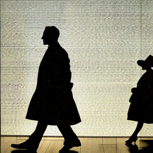 Man and a woman walking down a hallway