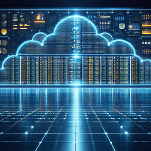 Futuristic computer server room with a large, blue cloud-...