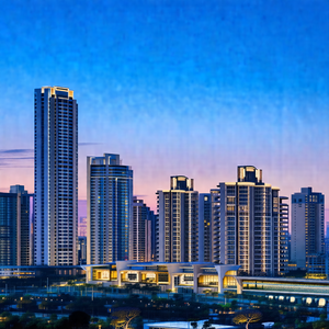 Nighttime view of a city skyline, featuring a large build...