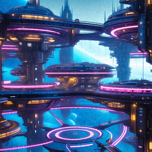 Futuristic cityscape with a series of interconnected buil...