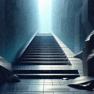 Large, dark, and empty room with a long, narrow staircase...