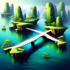 Painting of a bridge that is suspended over a body of water