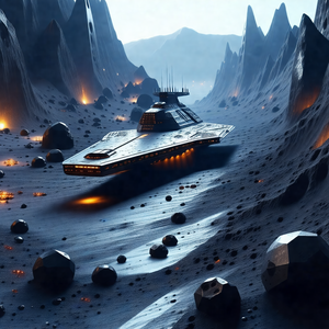 Futuristic spacecraft floating in a dark, rocky environment