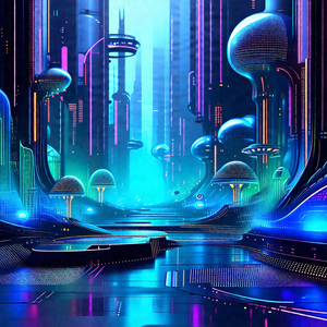 Futuristic cityscape with a blue sky and a variety of col...