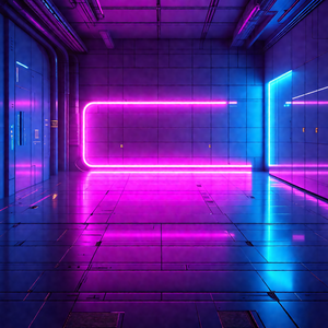 Futuristic scene with a purple glow illuminating a room