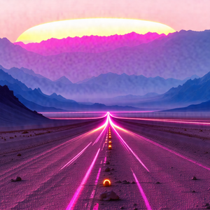 Long, pink road that stretches across a desert landscape