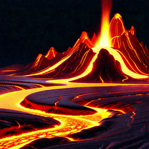 Red and orange lava flow, with the lava flowing down a hi...