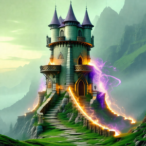 Large, colorful castle with a purple and yellow glow