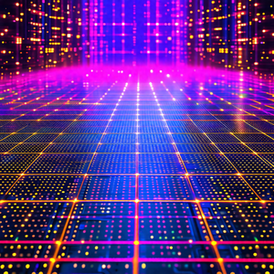 Futuristic, neon-colored scene with a purple background