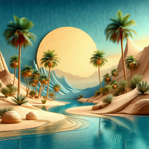 Painting of a tropical landscape, featuring a body of wat...