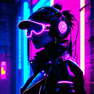 Woman wearing a black jacket and a hat with glowing pink ...