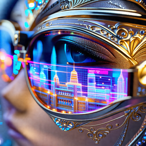 Futuristic cityscape with a large, illuminated building i...